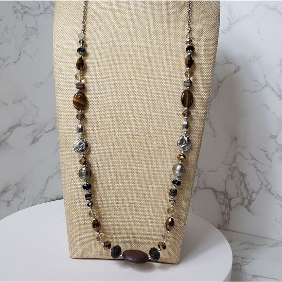 unbranded Jewelry - LONG BEADED NECKLACE Tiger's Eye Wood Faceted Beads
